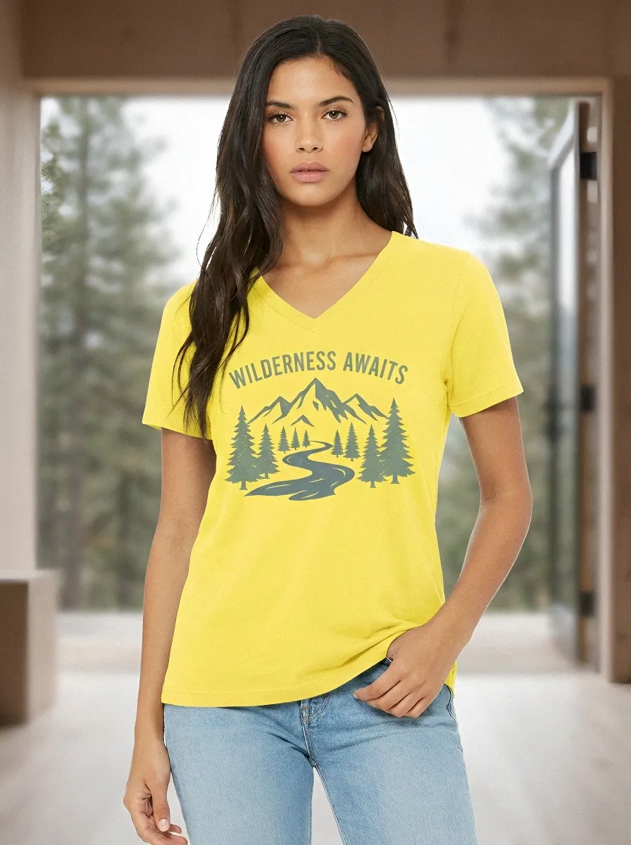 Women's Nature Hiking Wilderness Awaits Mountain Forest Printed V-Neck T-Shirt