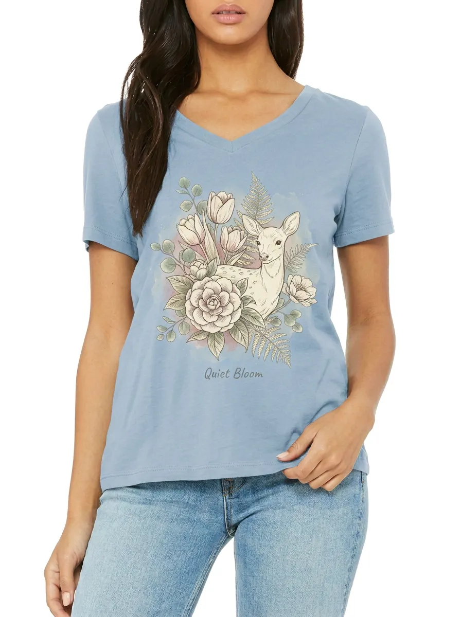 Women's Nature Lover Deer Floral Quiet Bloom Printed V-neck T-shirt