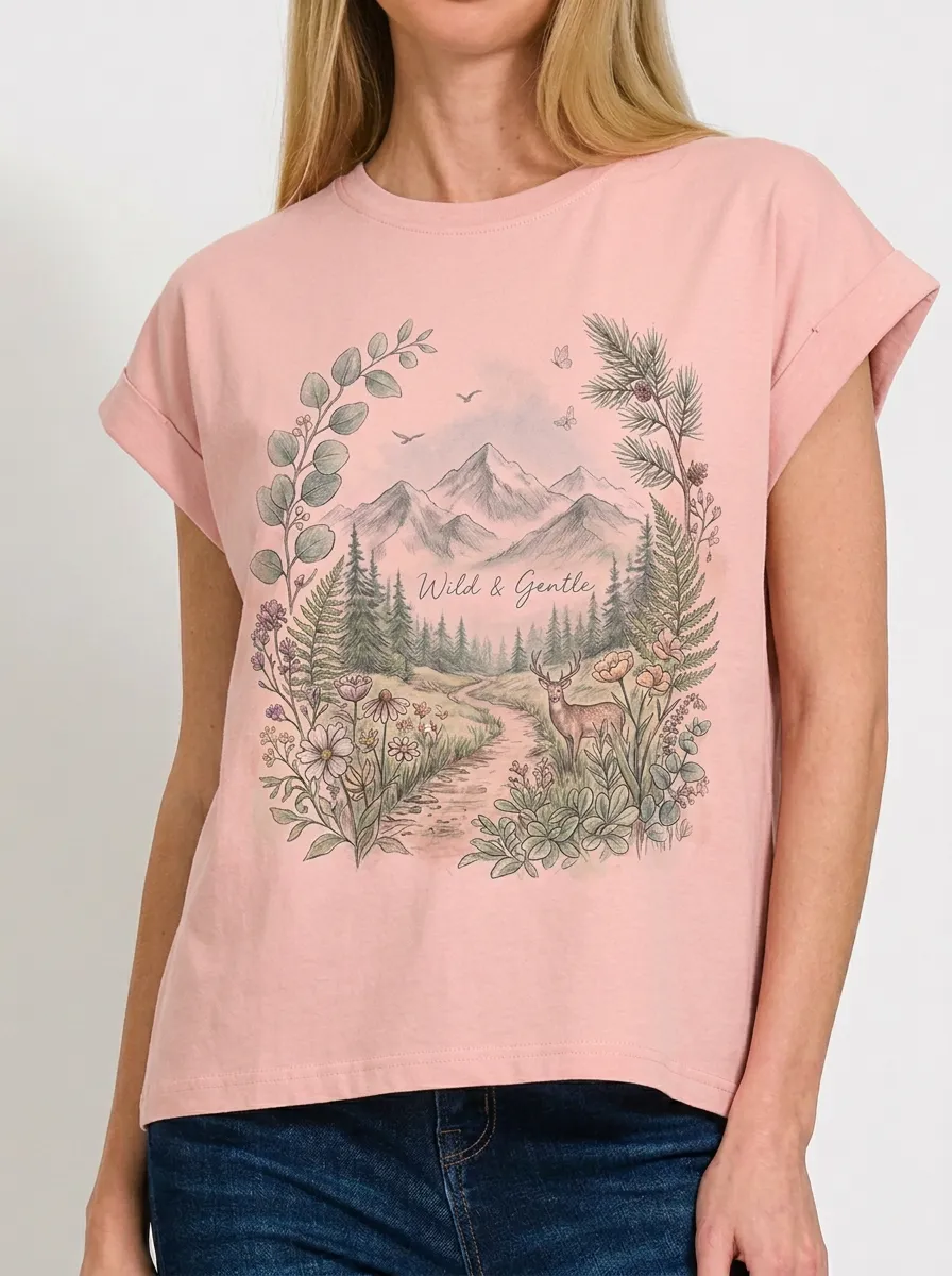 Women's Nature Lover Wild & Gentle Deer Mountain Printed T-shirt