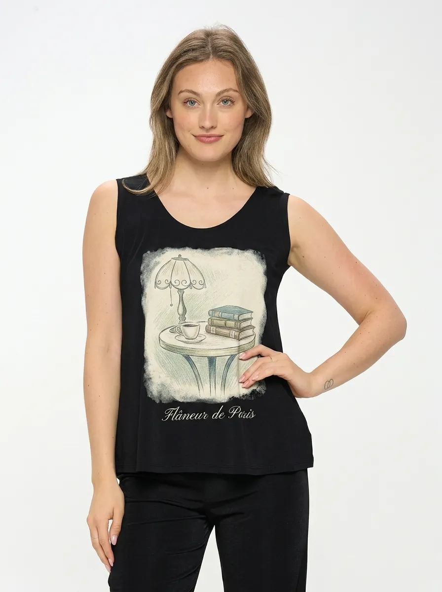 Women's Paris Book Lover Coffee Table Printed Tank Top