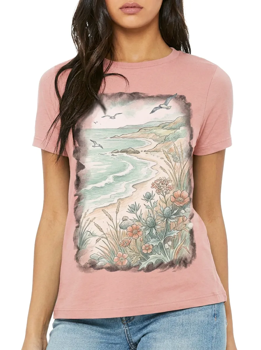 Women's Coastal Beach Seagull Wildflower Printed T-shirt