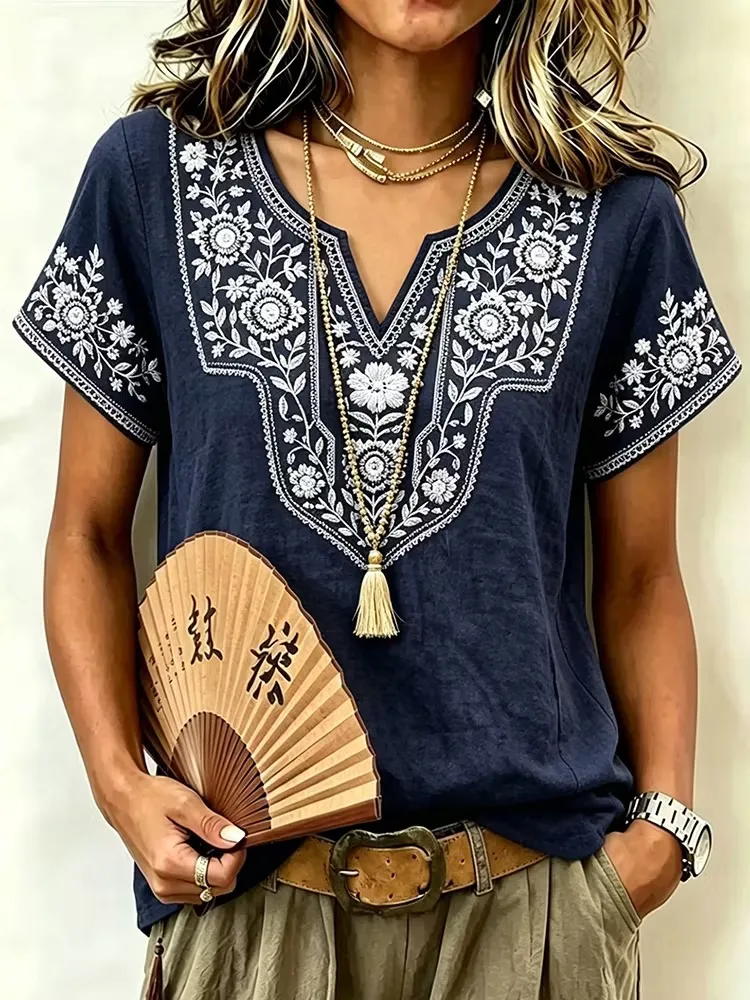Women's Retro Floral Vacation Short-sleeve Cotton Linen T-shirt