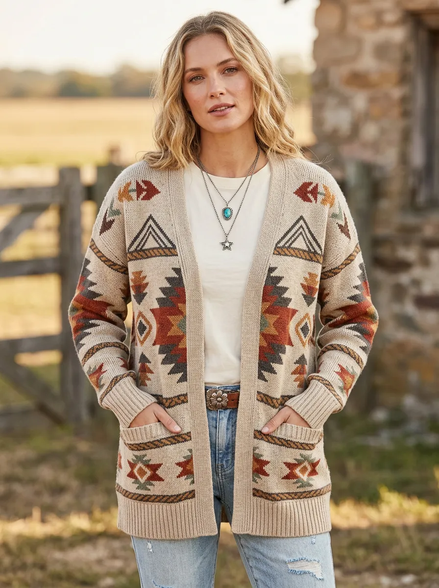Women's Western Style Aztec Geometric Printed Cardigan Sweater