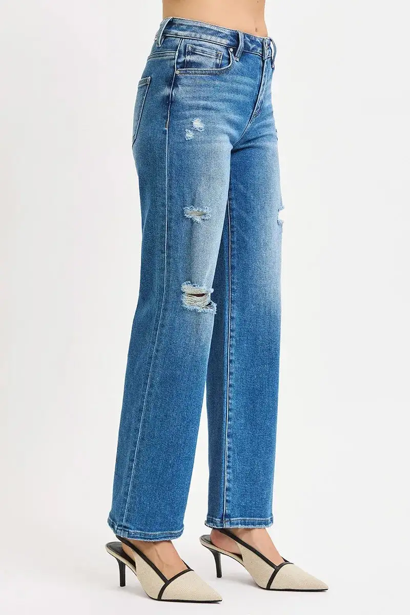 Full Size High Rise Ankle Straight Front Body Distressed Jeans Plus Size