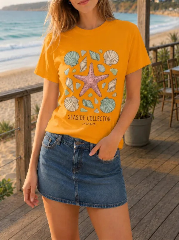Women's Beach Lover Seaside Collector Starfish Seashell Printed T-shirt