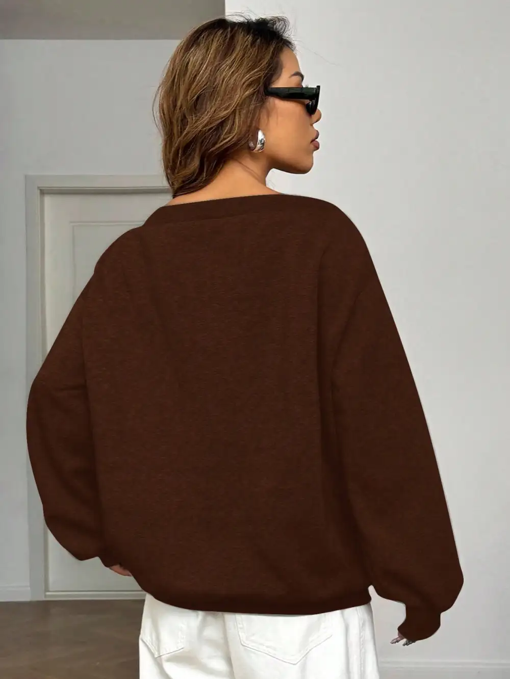 Women Asymmetrical Shoulder Thermal Lined Relaxed Fit Sweatshirt