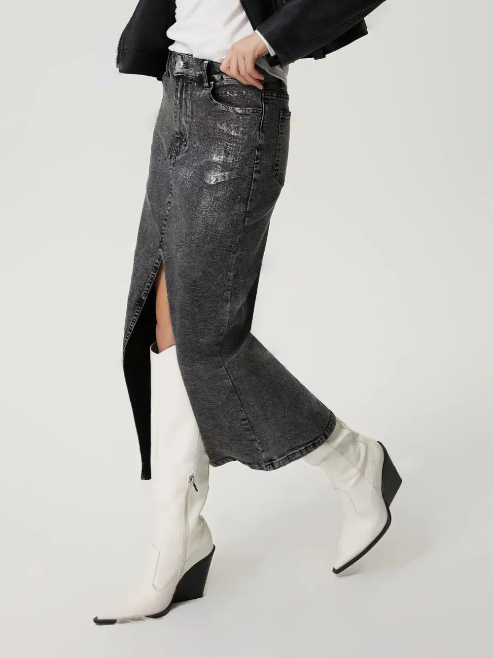 Open Button Front Denim Detail Skirt