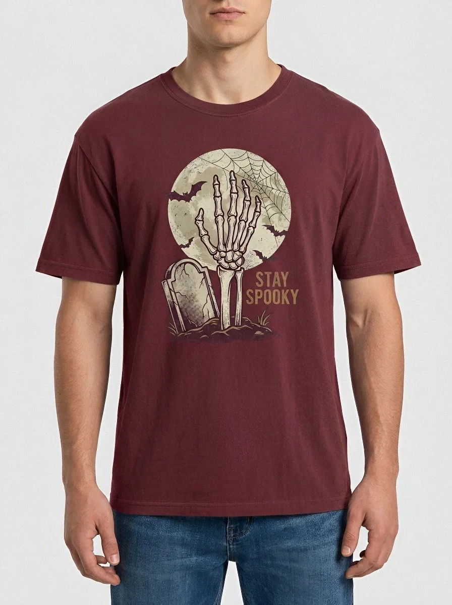 Men's Halloween Stay Spooky Skeleton Hand Tombstone Printed T-shirt