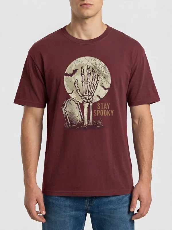Men's Halloween Stay Spooky Skeleton Hand Tombstone Printed T-shirt