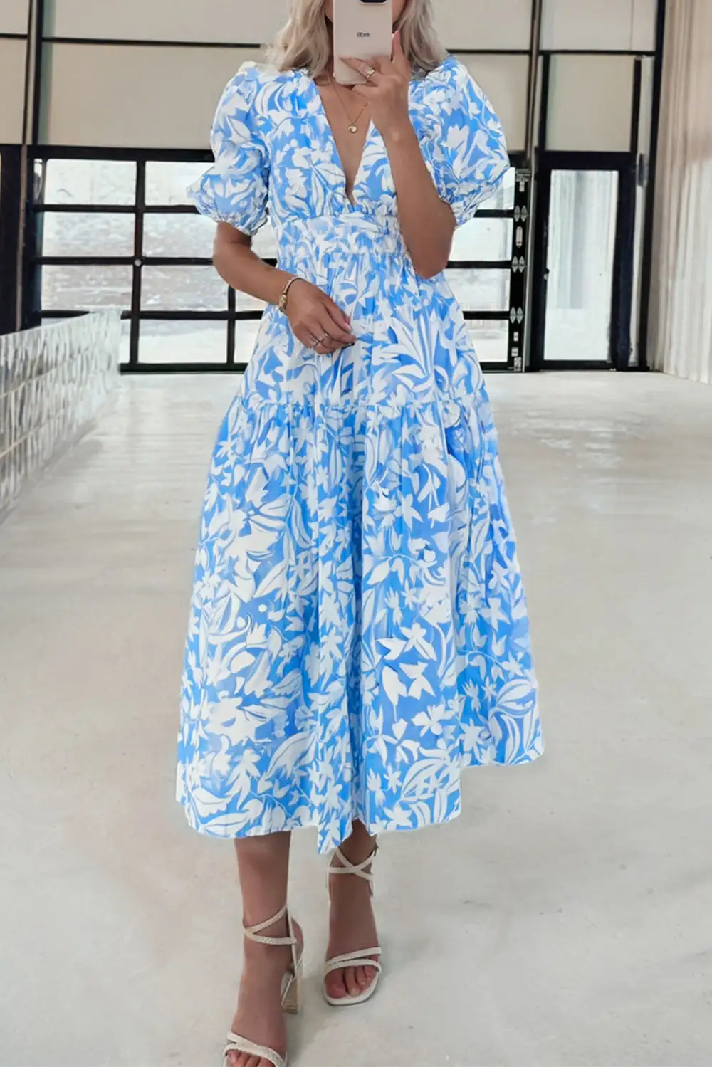 Floral V Neck Puff Short Sleeve Flowy