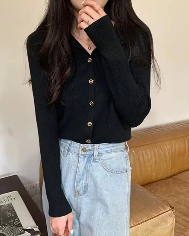 Polyester-Blend Button-Front Polo-Collar Relaxed-Fit Cardigan