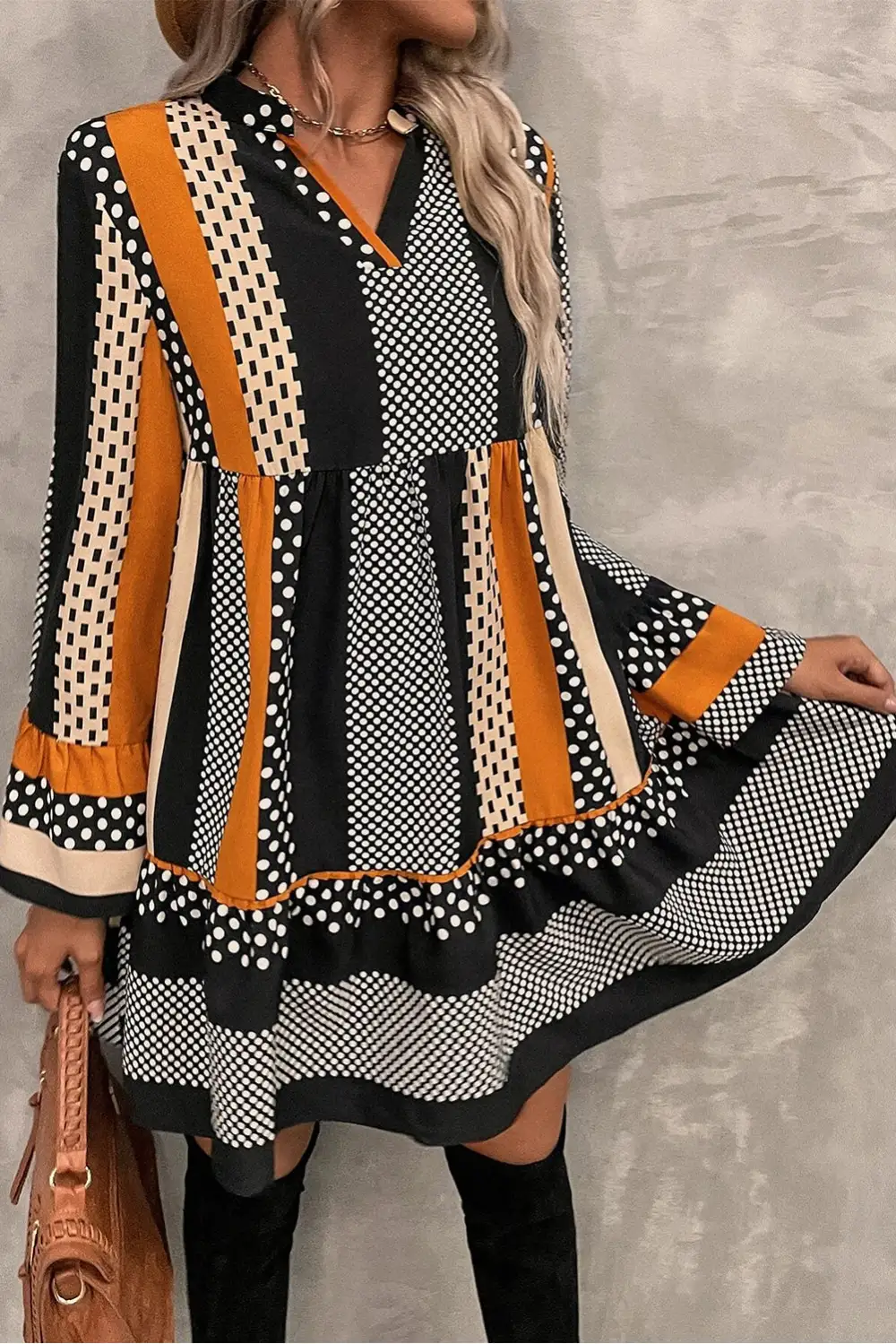 Polka Dot Striped Ruffle Trim Mini Dress