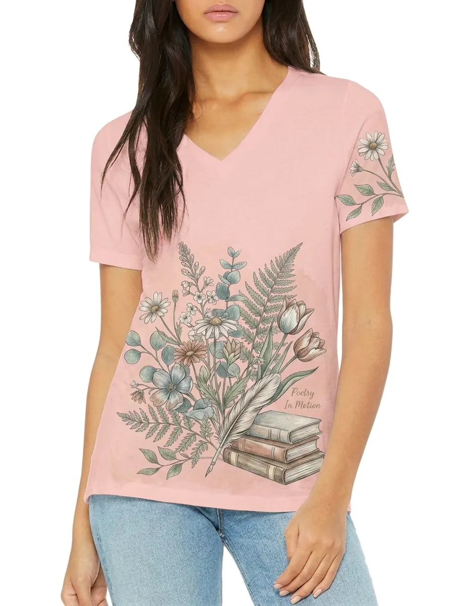 Women's Book Lover Poetry Floral Feather Printed V-neck T-shirt