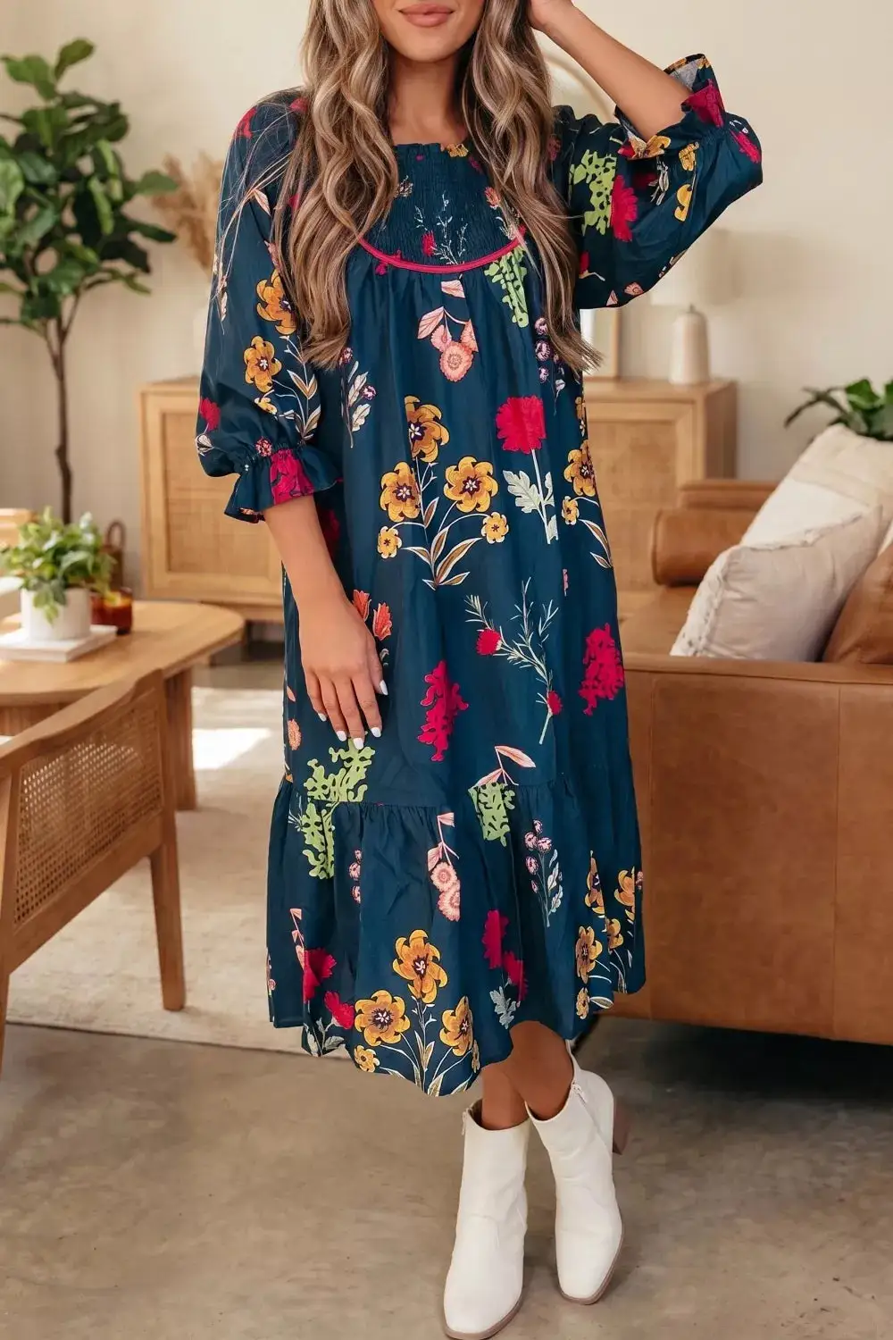 Gathered Neckline Sleeve Casual Midi Dress