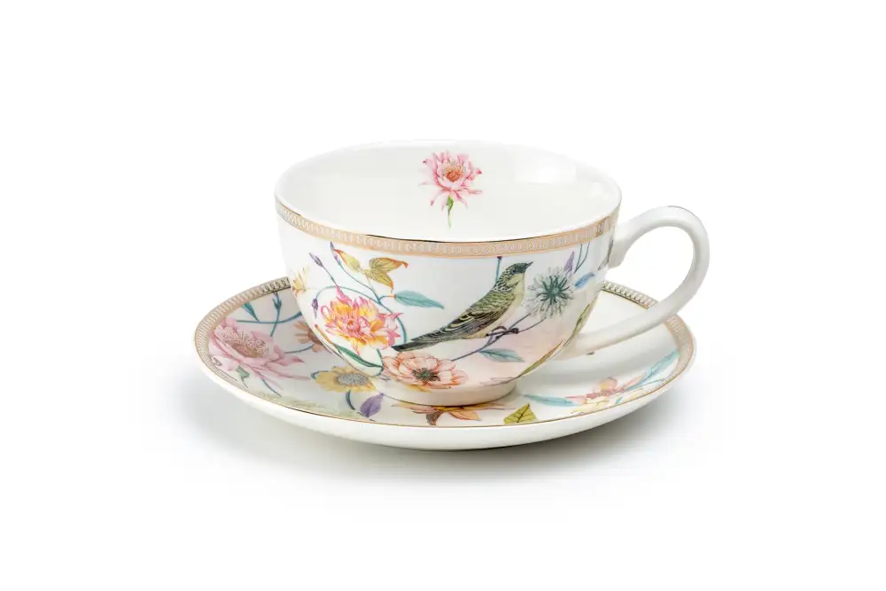 Classic Spring Flowers Bird Latte Cup Saucer Porcelain Tea Cup And Saucer