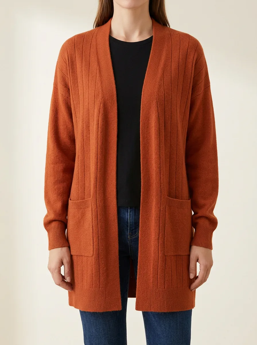 Relaxed Ribbed-Knit Open-Front Knit Cardigan