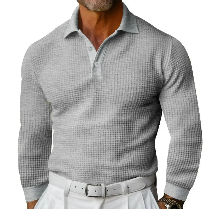 Waffle Texture Button Placket Long Sleeve Slim Fit Polo Shirt