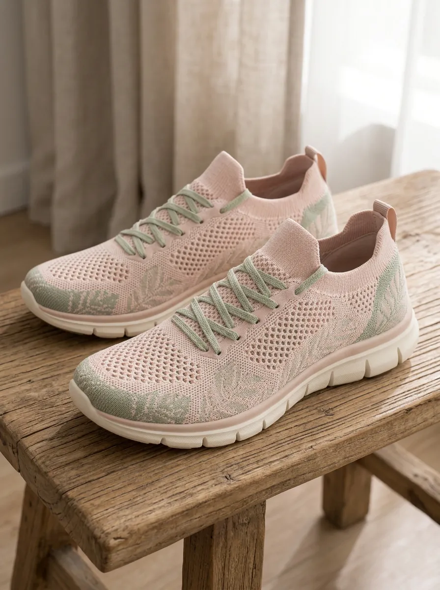 Women's Casual Pink Green Leaf Pattern Printed Sneakers