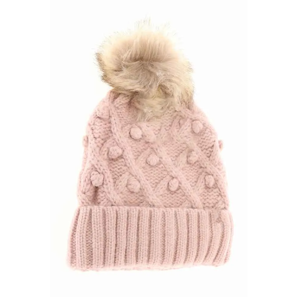 Bobble Knit Faux Fur Pom Beanie
