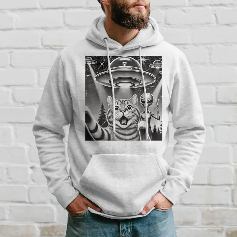 Cat Selfie With Ufo Alien Abduction Extraterrestrial Hoodie