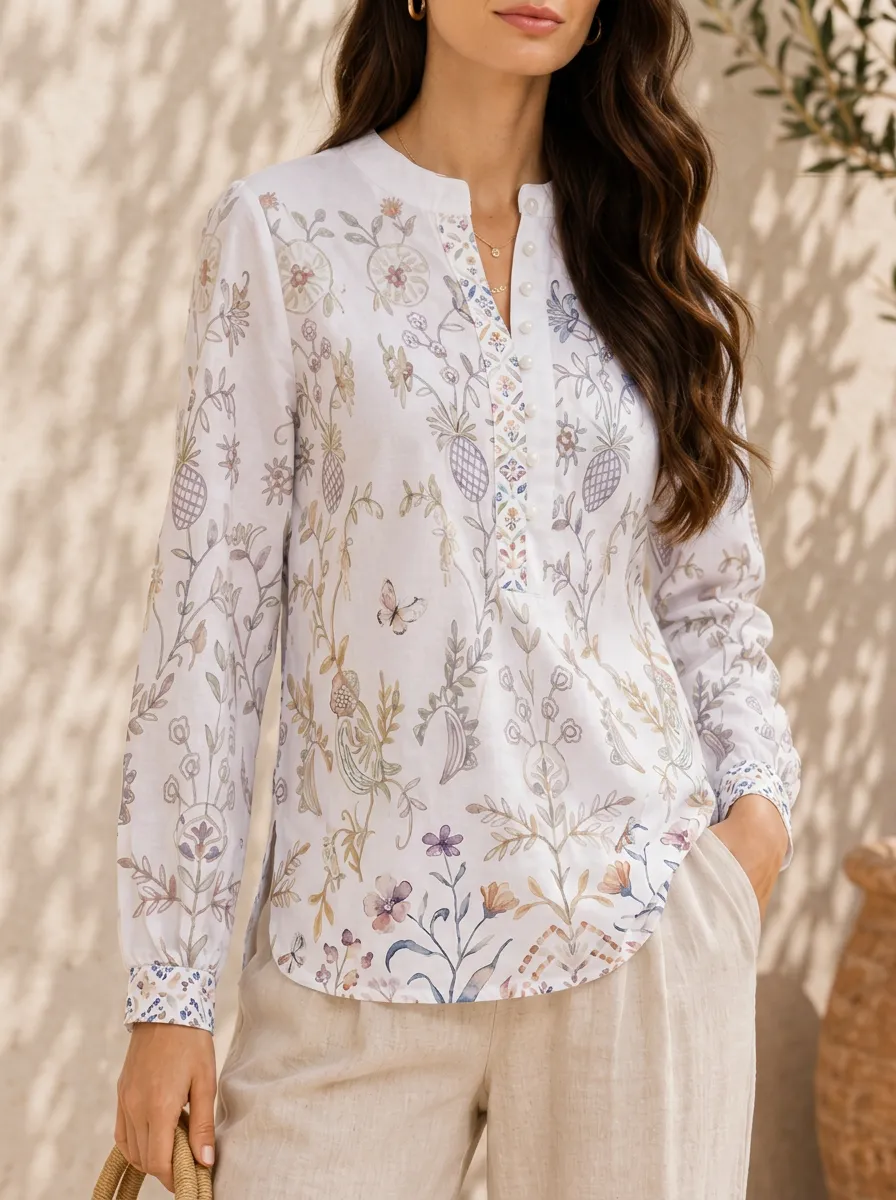 Women's Botanical Floral Butterfly Printed V-Neck Long Sleeve Shirt