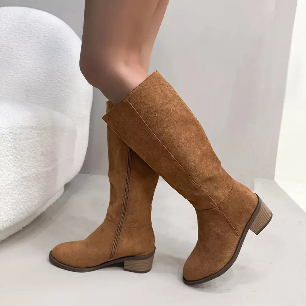 Pleated Round Toe Block Heels Boots