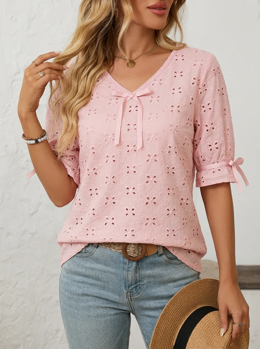 Women's V-neck Tie-neck Embroidered Blouse