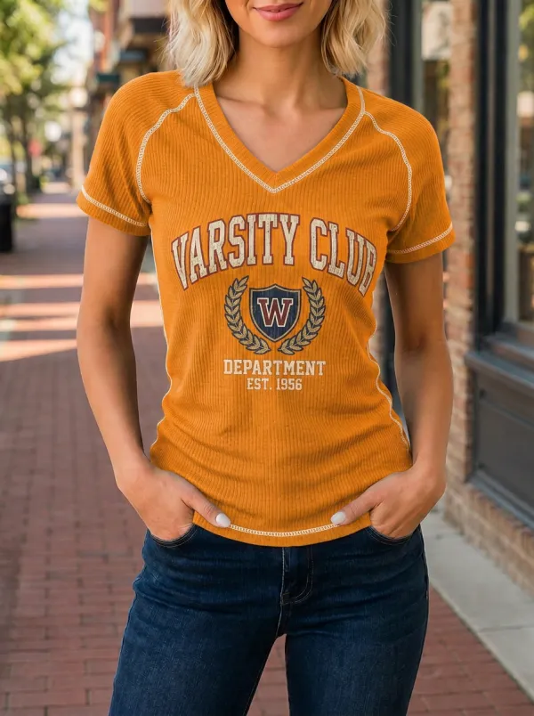 Women's Varsity Club College Style W Emblem Printed V-Neck T-Shirt