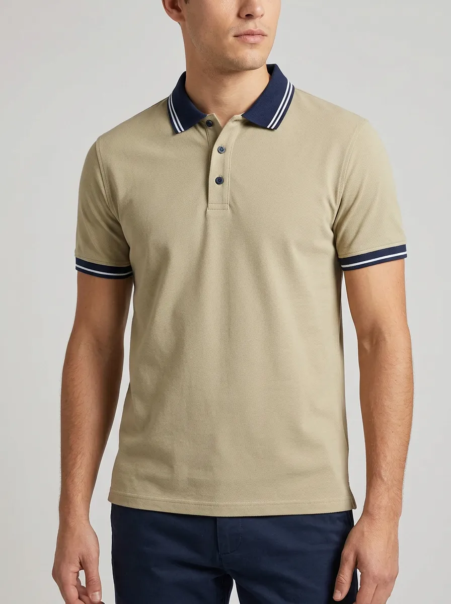 Men's Classic Ribbed Textured Striped Tipped-Collar Polo Shirt