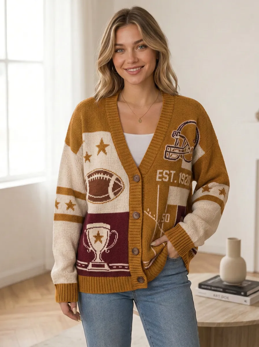 Women's Retro Football Helmet Trophy Knit Knit Cardigan