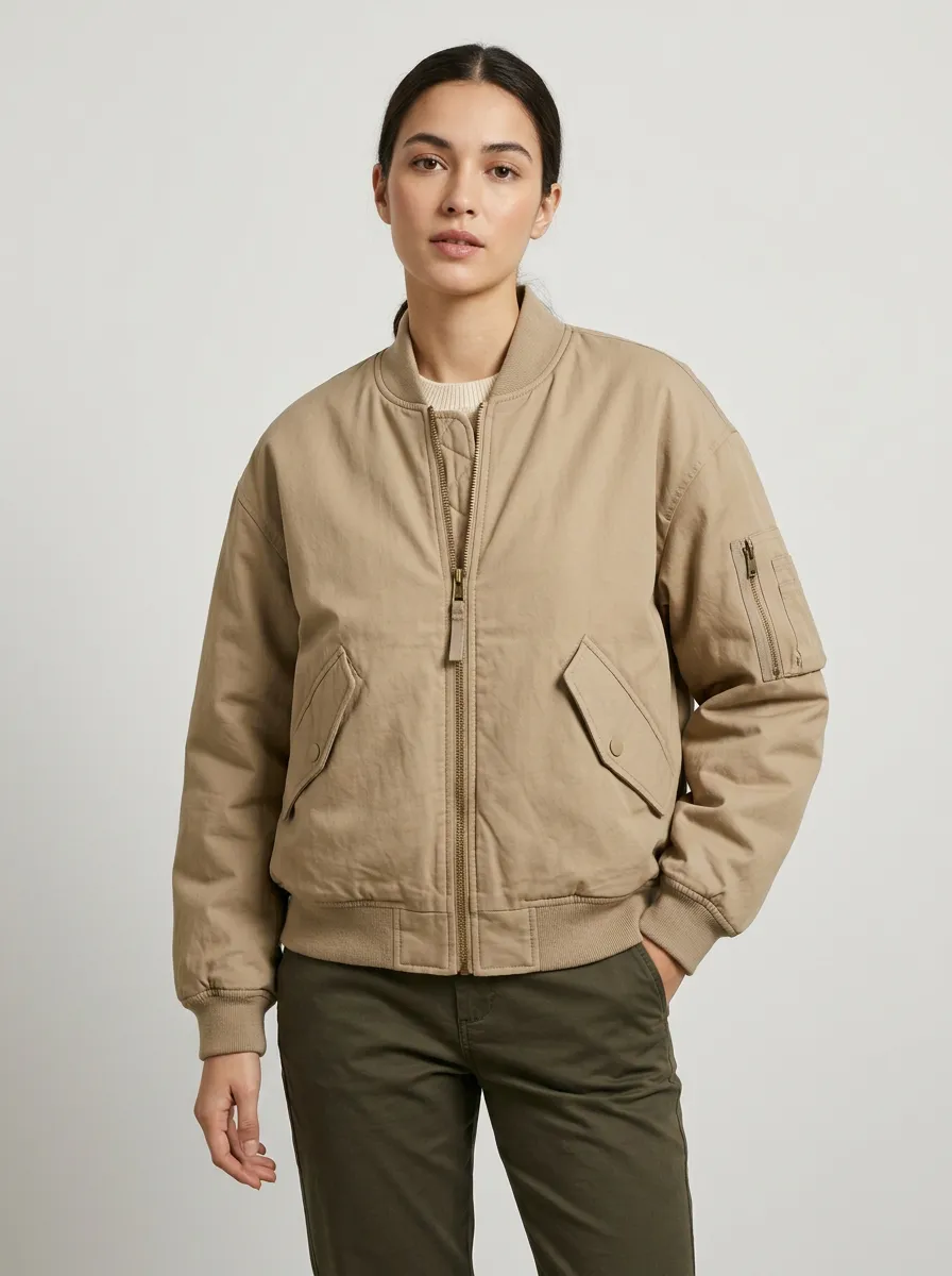 Women's Minimalist Khaki Solid Bomber Jacket
