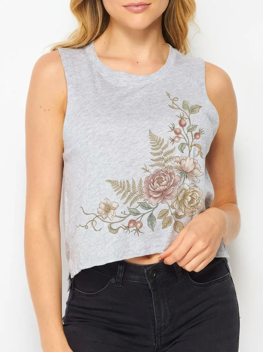 Women's Botanical Floral Fern Printed Crop Tank Top