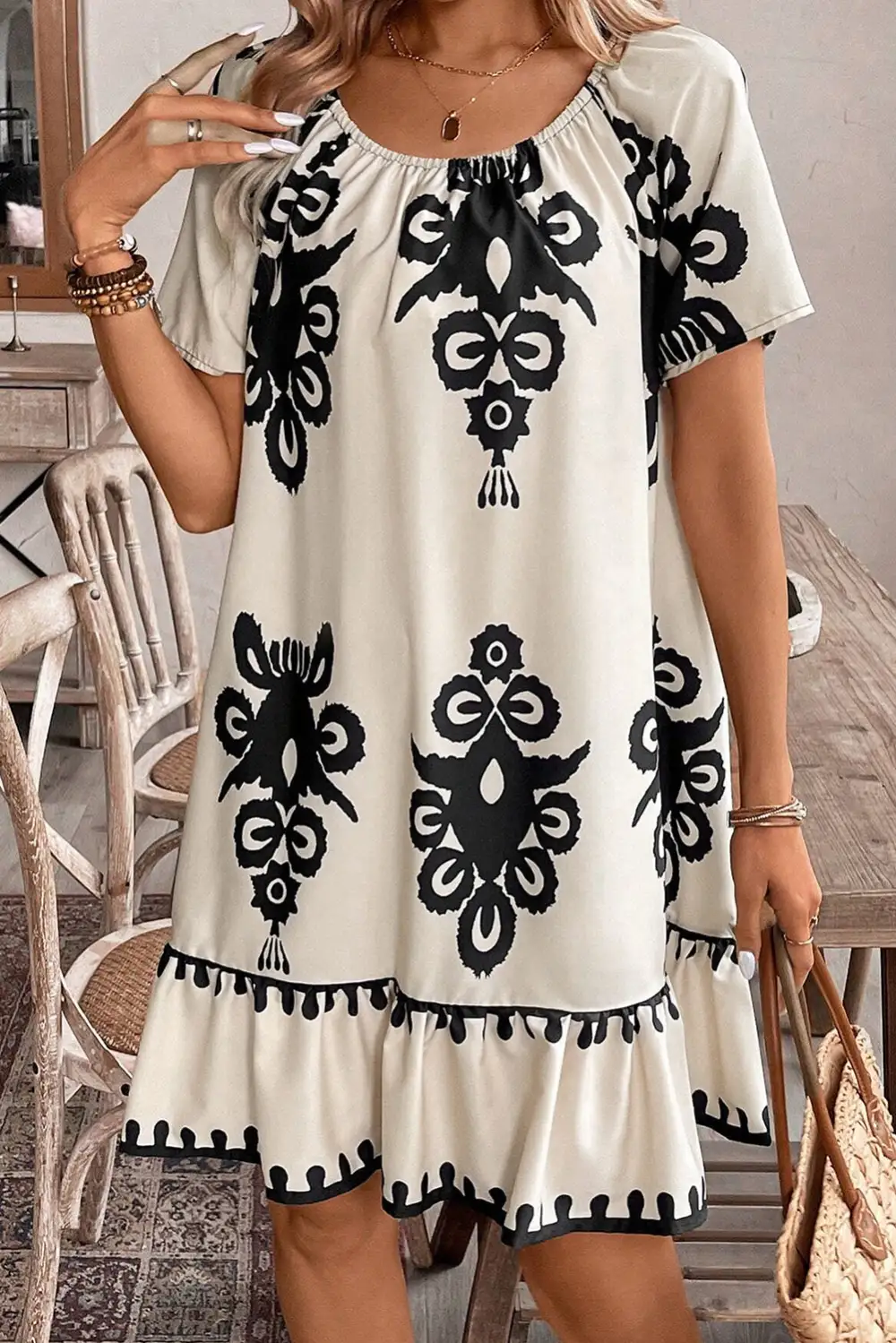Ruffle Trim Short Sleeve Relaxed Fit Mini Dress