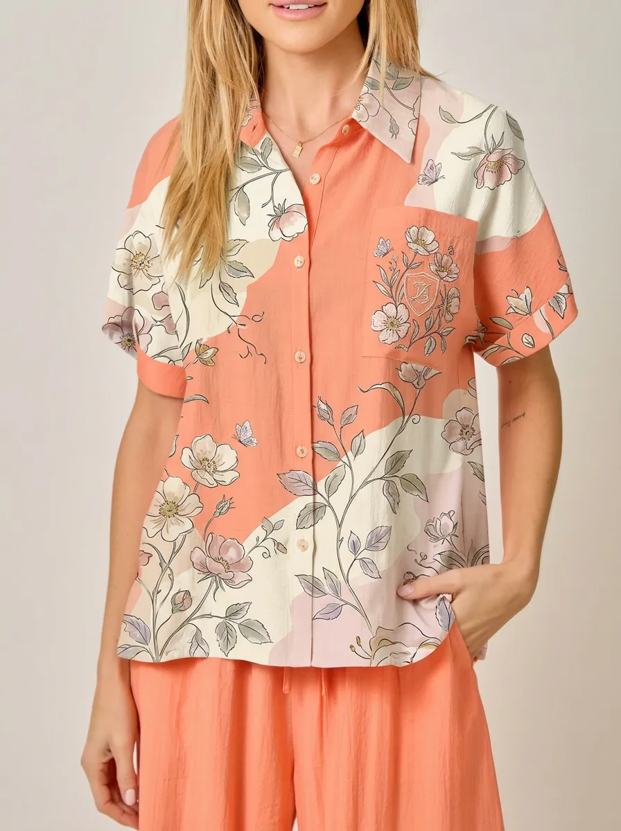 Women's Floral Butterfly Patchwork Printed Button-up Shirt