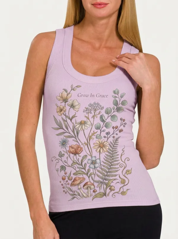 Women's Christian Faith Grow In Grace Wildflower Mushroom Printed Tank Top