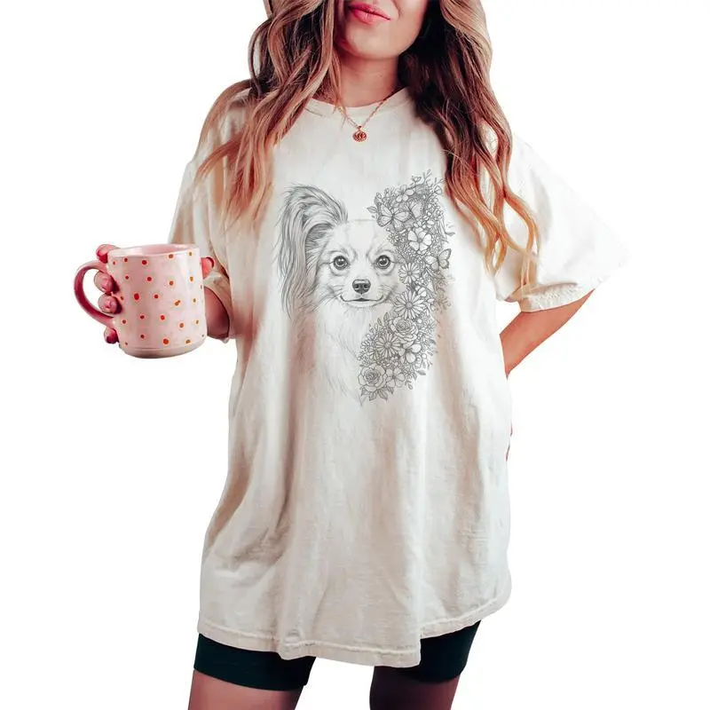 Floral Papillon Dog Flower And Butterflies For Women Women's Oversized Comfort T-shirt