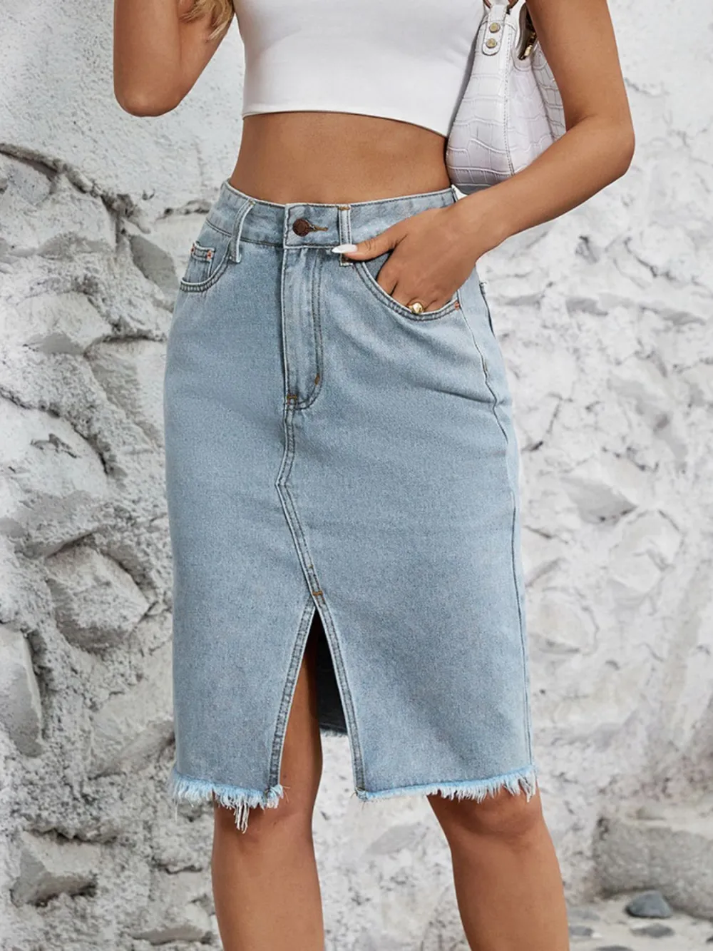 Balanced Button Front Denim Silhouette Skirt