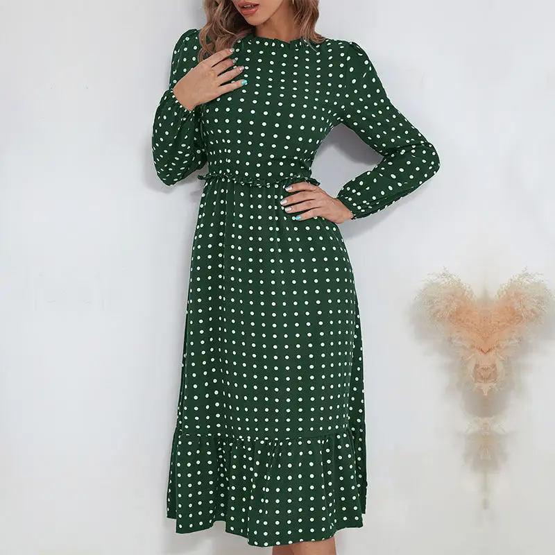 Women's Long-Sleeve Polka-Dot Ruffled Evening Maxi Dress