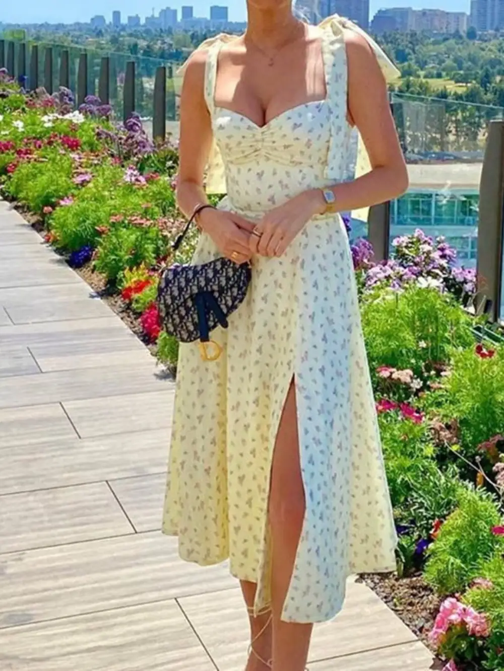 Tie-Shoulder Slit Midi Dress