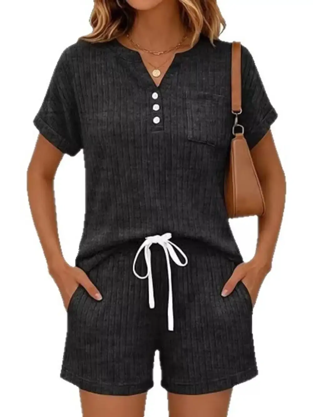 Casual Ribbed Knit Tee Shorts Set