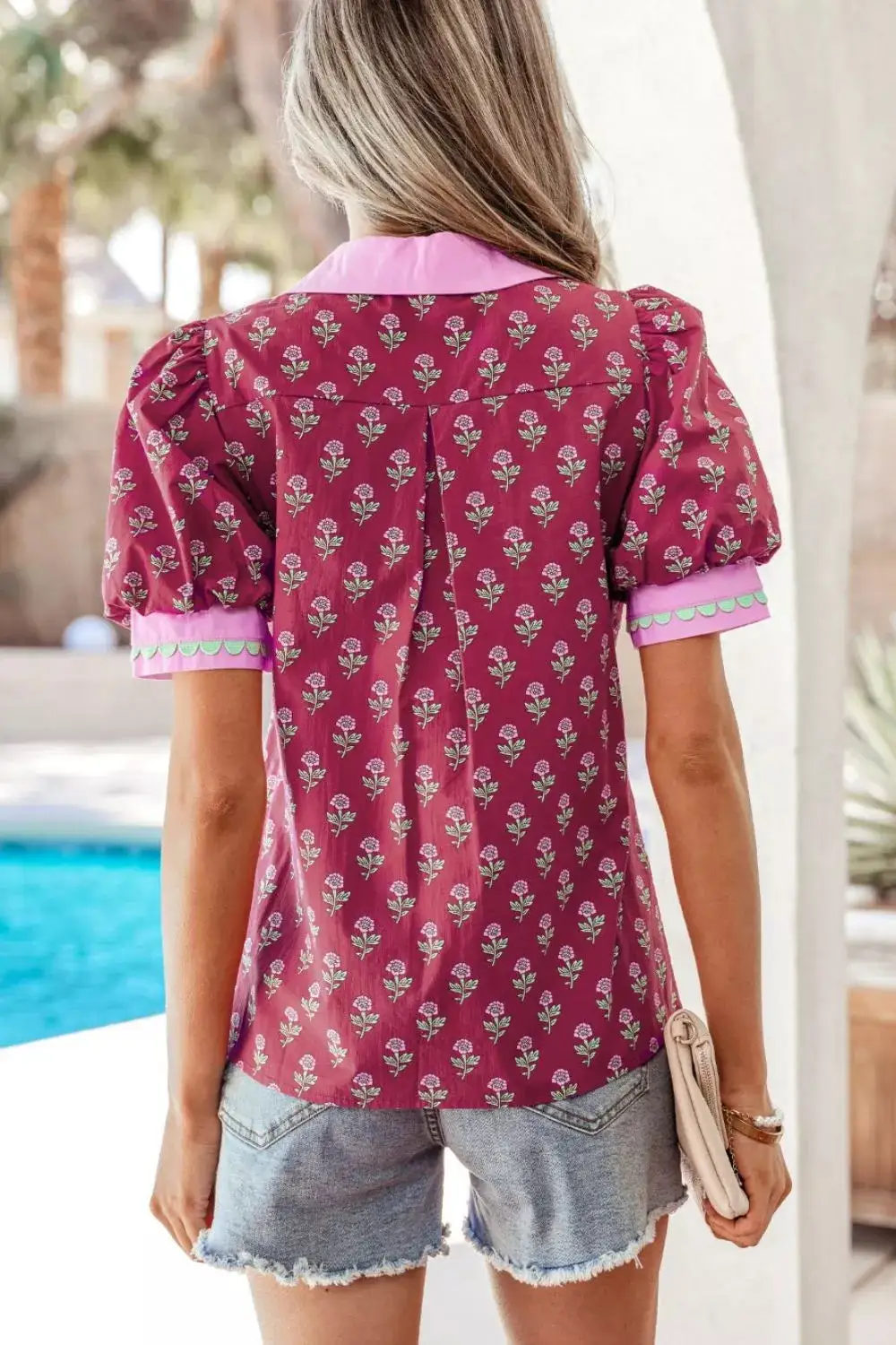 V-Neck Collared Puff Sleeve Blouse