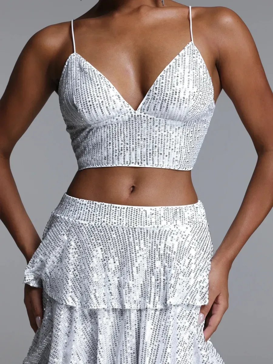 Seraphina   Sequin Cami & Tiered Ruffle Maxi Skirt Set