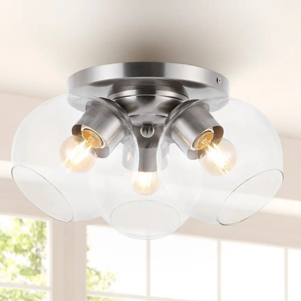 Triple-Light Farmhouse Rustic Iron Glass LED Semi Flush Mount