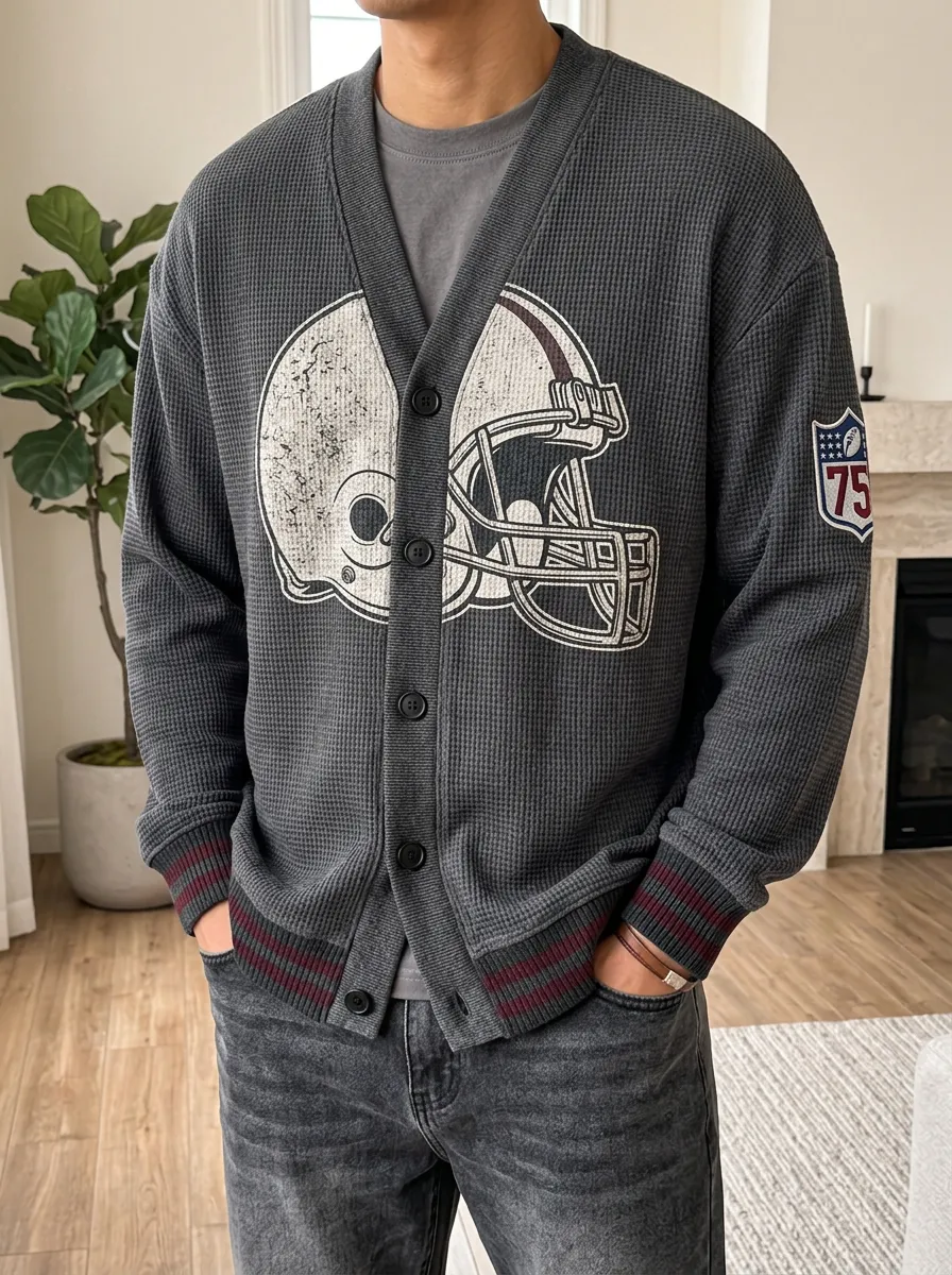 Men's Varsity Football Fan Helmet Graphic Printed Waffle Knit Cardigan