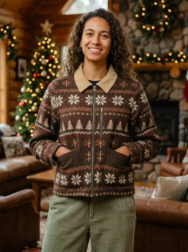 Christmas Holiday Snowflake Tree Pattern Print Zip-up Jacket