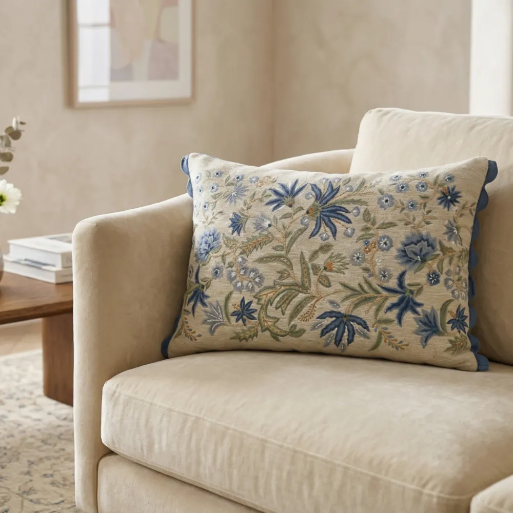 Artisan Hand Embroidered Floral Botanical Cotton Lumbar Decorative Cushion Cover