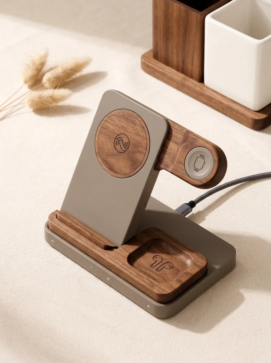Tech Enthusiast Minimalist Walnut Wood Grain Printed Charging Station