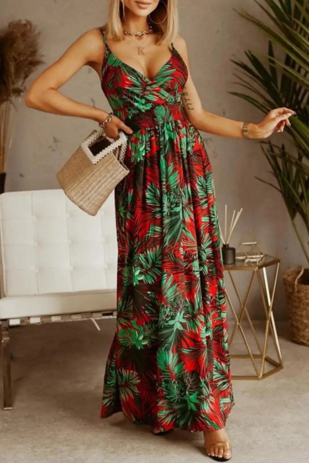 Classic Smocked Spaghetti-Strap Printed Maxi Dress