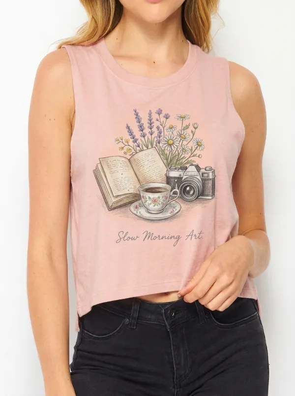 Women's Book Coffee Camera Floral Printed Tank Top