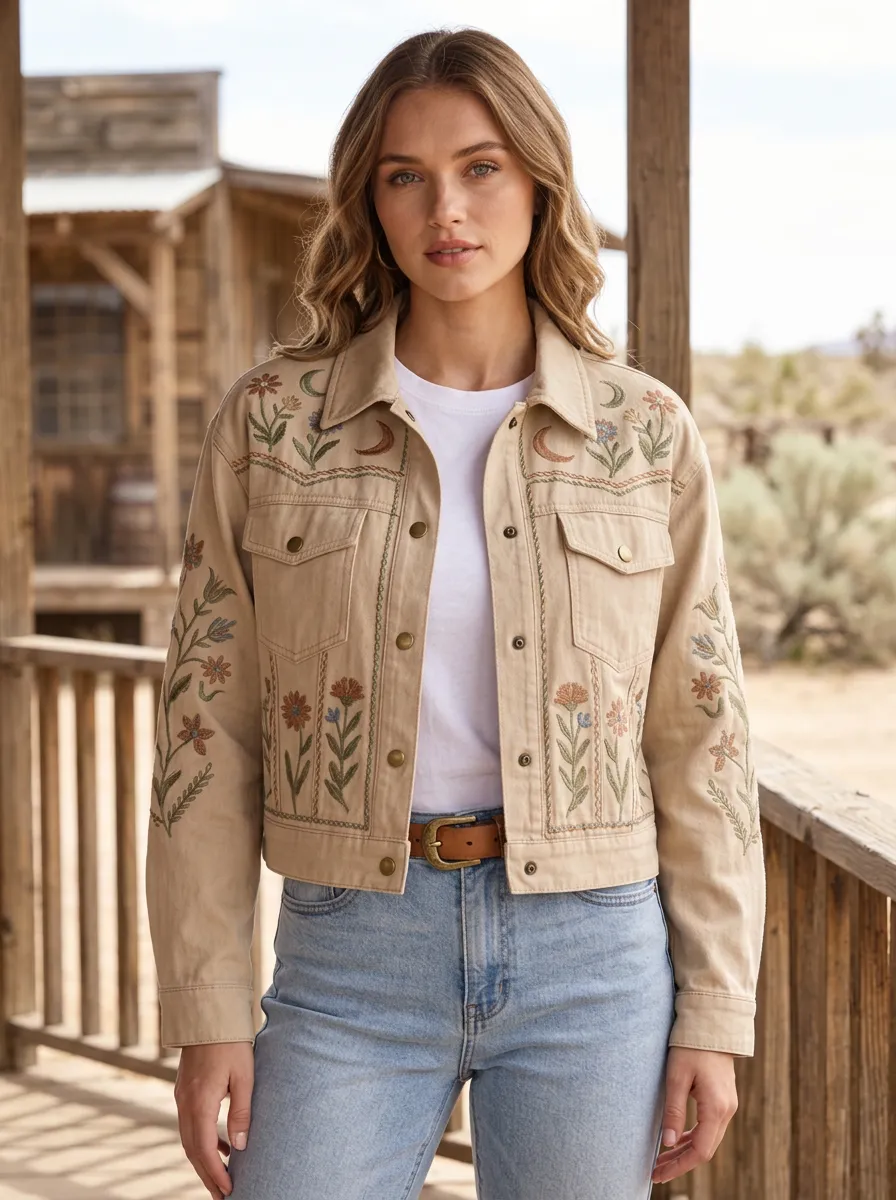 Women's Western Moon Floral Embroidered Denim Jacket